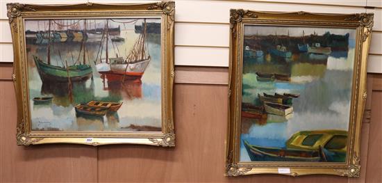 J Courteau, two oils on canvas, Fishing boats in harbour, signed and dated 75, 48 x 58cm and 58 x 48cm